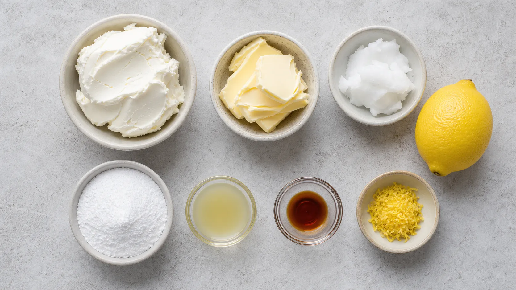 Zutaten für Keto-Zitronen-Frischkäse-Fettbomben: Frischkäse, Butter, Kokosöl, Erythrit und Zitrone