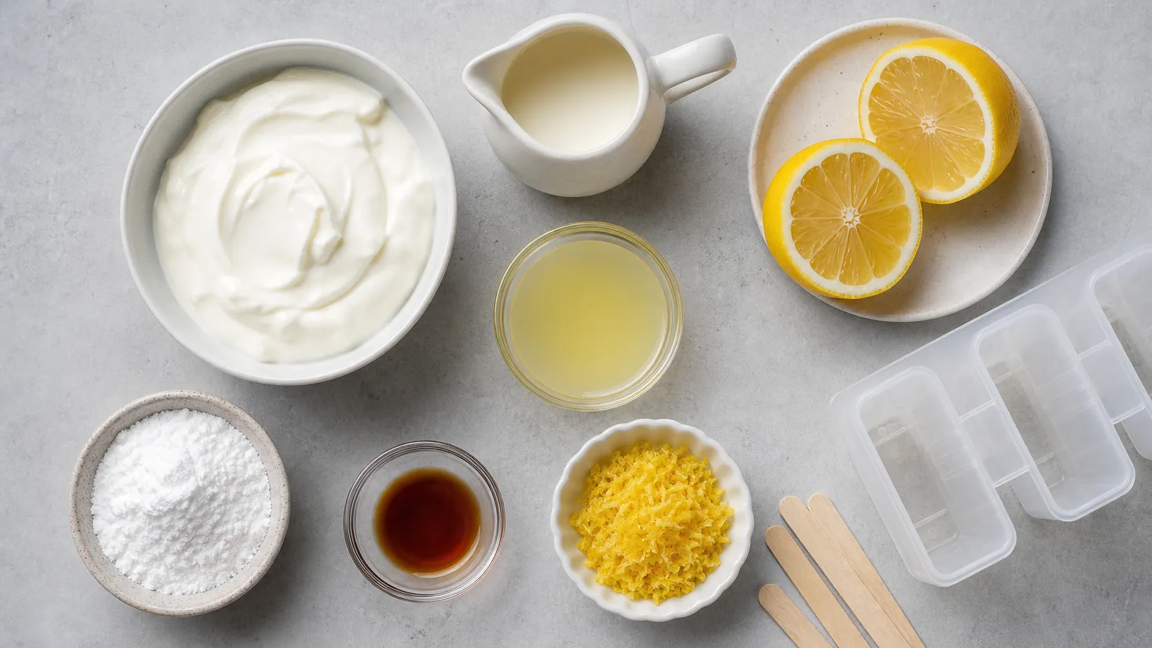 Zutaten für Keto Zitronen-Joghurt-Eis mit griechischem Joghurt, Sahne, Zitrone, Erythrit und Vanille