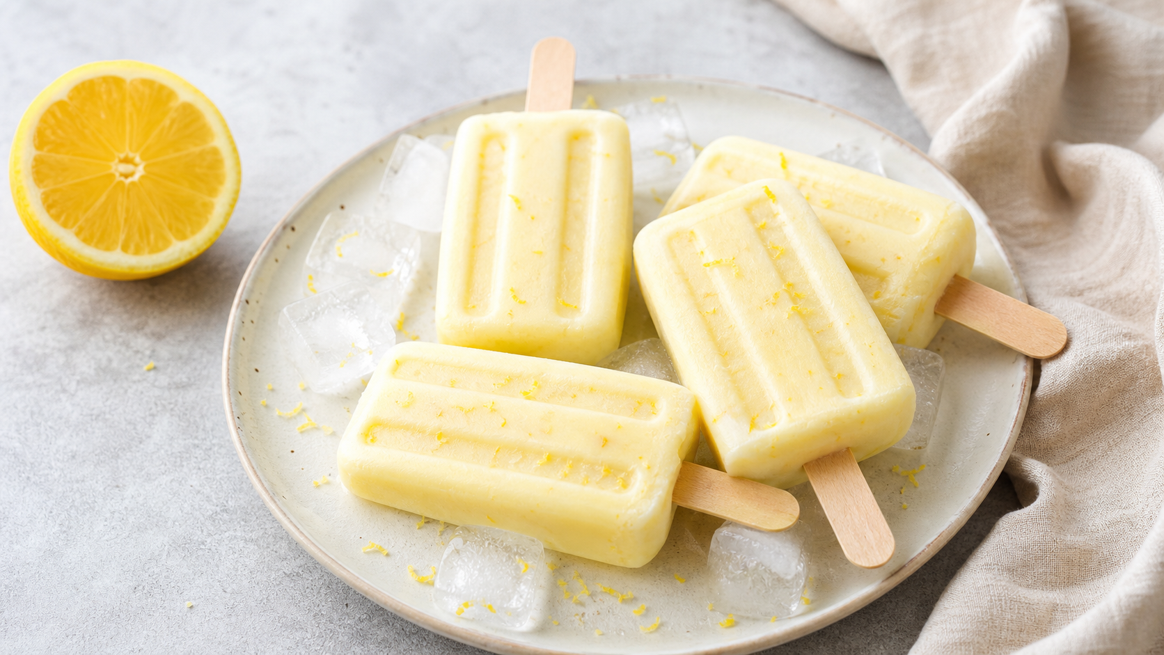Cremiges Keto Zitronen-Joghurt-Eis am Stiel mit Zitronenabrieb auf einem Teller mit Eiswürfeln