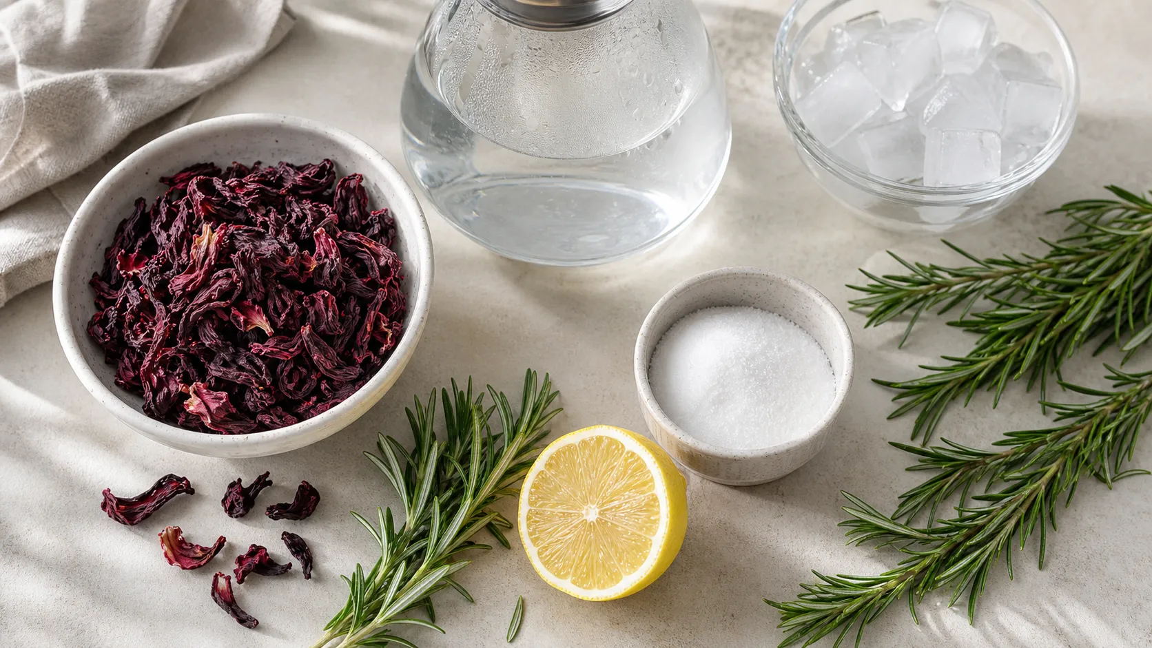 Getrocknete Hibiskusblüten, frischer Rosmarin, Erythrit und Zitrone für den Keto-Eistee