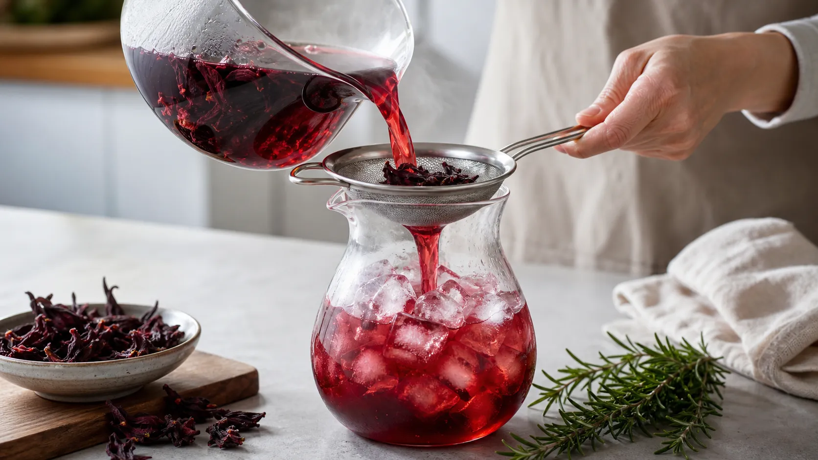 Hibiskustee wird rubinrot in eine Glaskaraffe mit Eiswürfeln gegossen