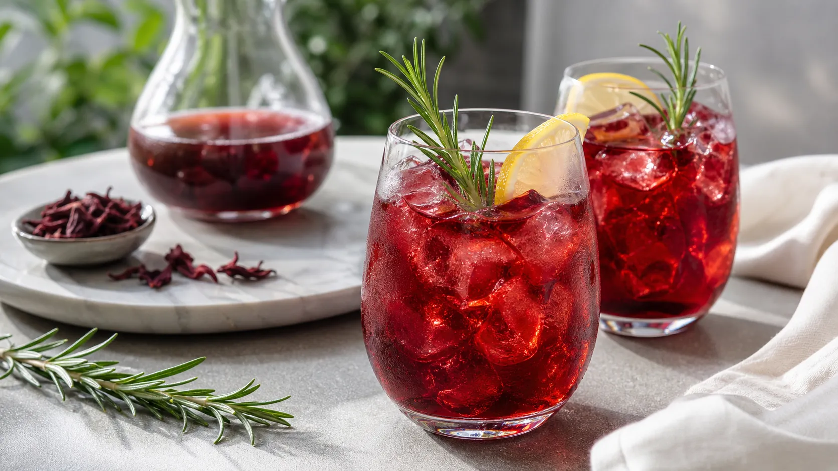 Rubinroter Keto Hibiskus-Rosmarin-Eistee in einem Glas mit Rosmarinzweig und Eiswürfeln