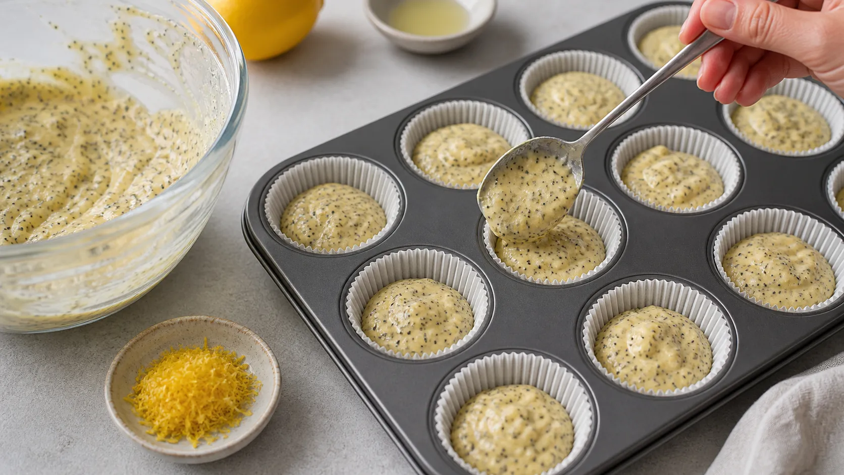 Zitronen-Mohn-Teig wird in Muffinförmchen gefüllt
