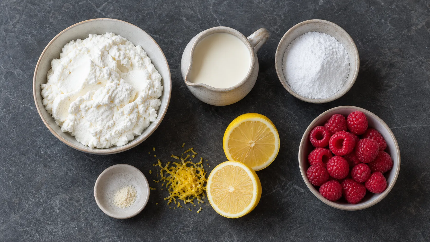 Zutaten für Keto-Zitronen-Quark-Mousse: Speisequark, Schlagsahne, Erythrit, Zitrone und Vanille