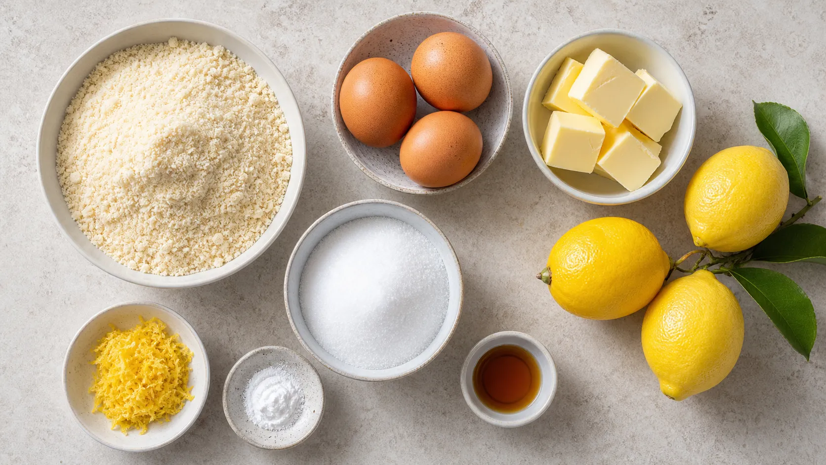 Zutaten für Keto Zitronenkuchen mit Mandelmehl, Eiern, Zitronen und Butter