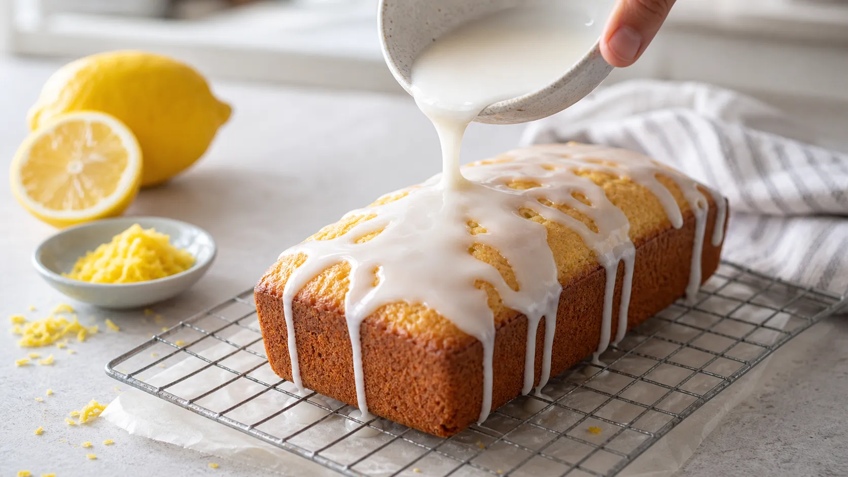 Zitronenglasur wird über den ausgekühlten Keto Zitronenkuchen gegossen