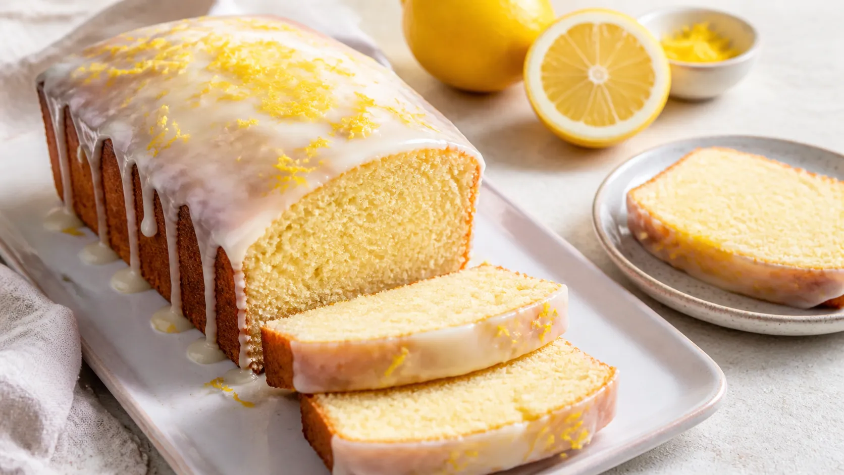 Keto Zitronenkuchen aus Mandelmehl mit weißer Zitronenglasur und Zitronenzesten