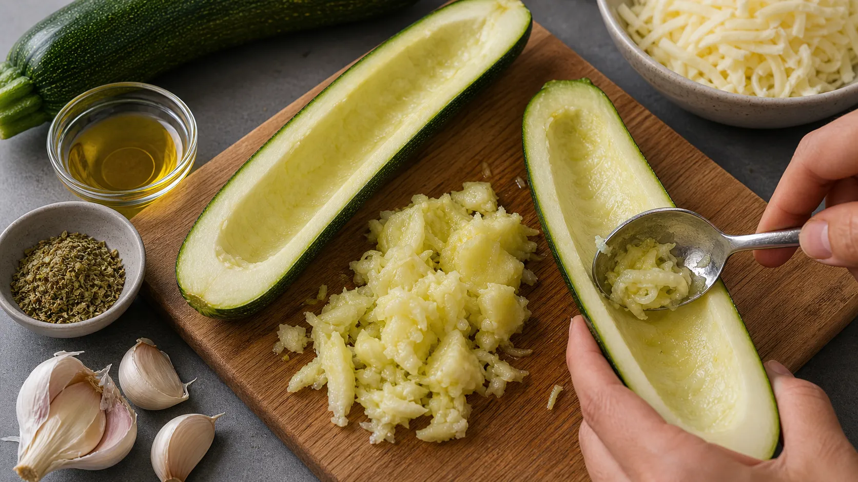 Halbierte Zucchini werden mit einem Löffel ausgehöhlt für die Keto-Hackfleisch-Füllung