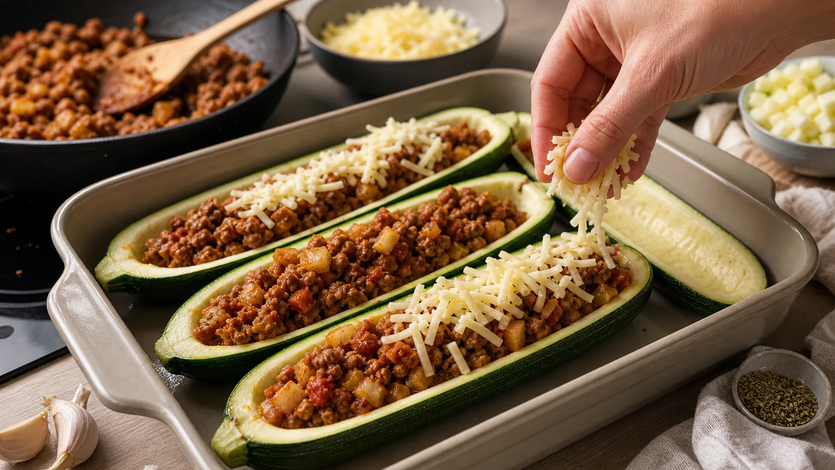 Zucchini-Hälften werden mit angebratenem Hackfleisch gefüllt und mit Mozzarella belegt