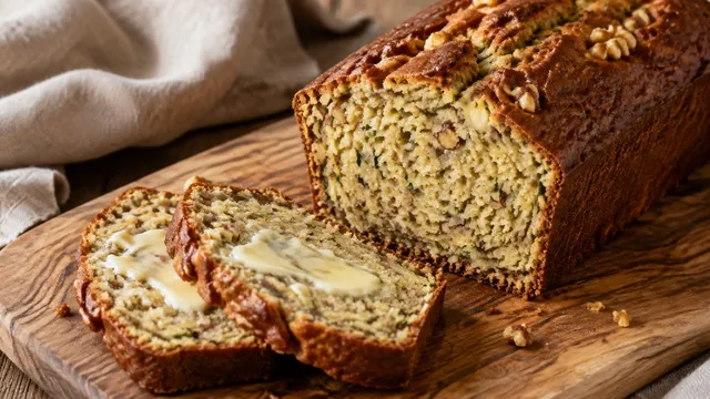 Angeschnittenes Keto-Zucchini-Brot aus Mandelmehl mit sichtbaren grünen Zucchiniraspeln und Walnussstücken, zwei Scheiben mit Butter auf einem Holzbrett
