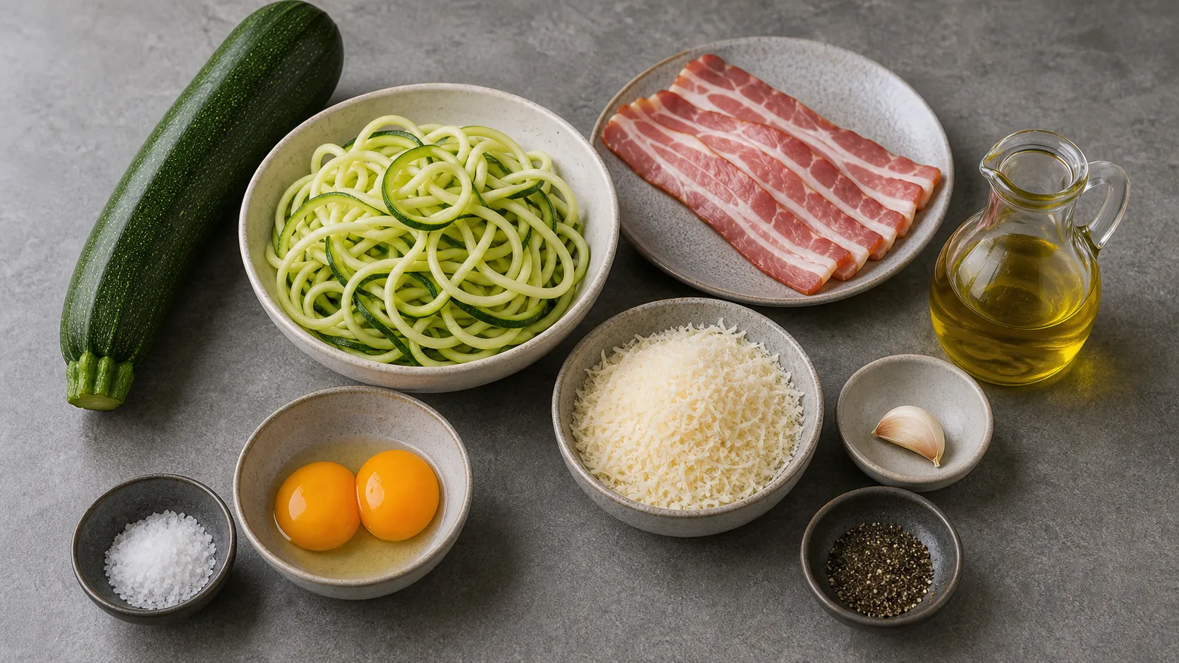 Zutaten für Keto Zucchini-Carbonara: Zucchini, Speck, Eigelb, Parmesan, Olivenöl, Knoblauch und schwarzer Pfeffer