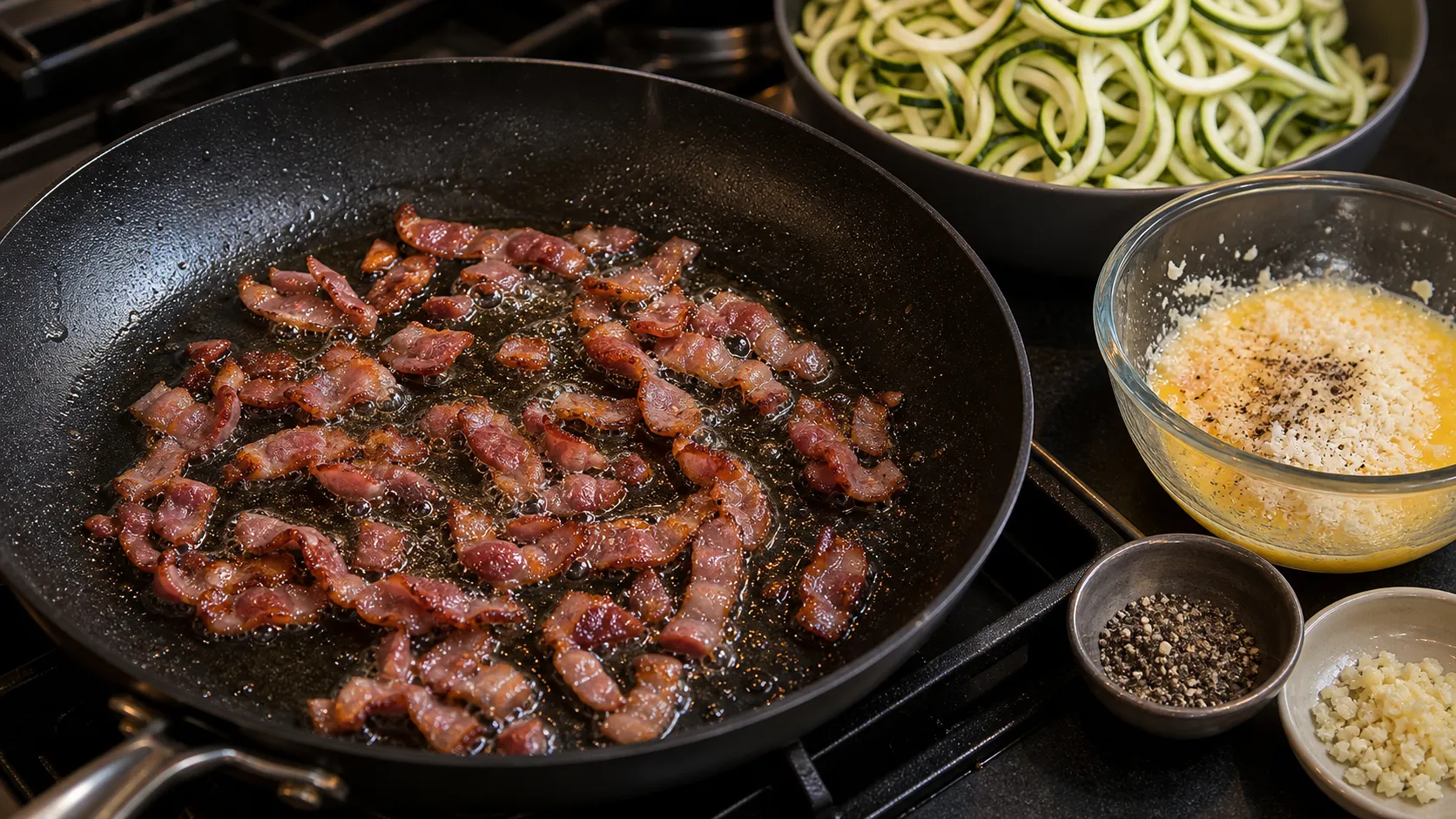 Knuspriger Speck wird in der Pfanne mit Zucchini-Nudeln und cremiger Eigelb-Parmesan-Sauce vermengt