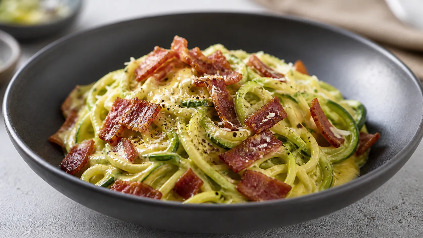 Keto Zucchini-Carbonara mit knusprigem Speck, cremiger Eigelb-Parmesan-Sauce und frisch gemahlenem Pfeffer auf einem tiefen Teller