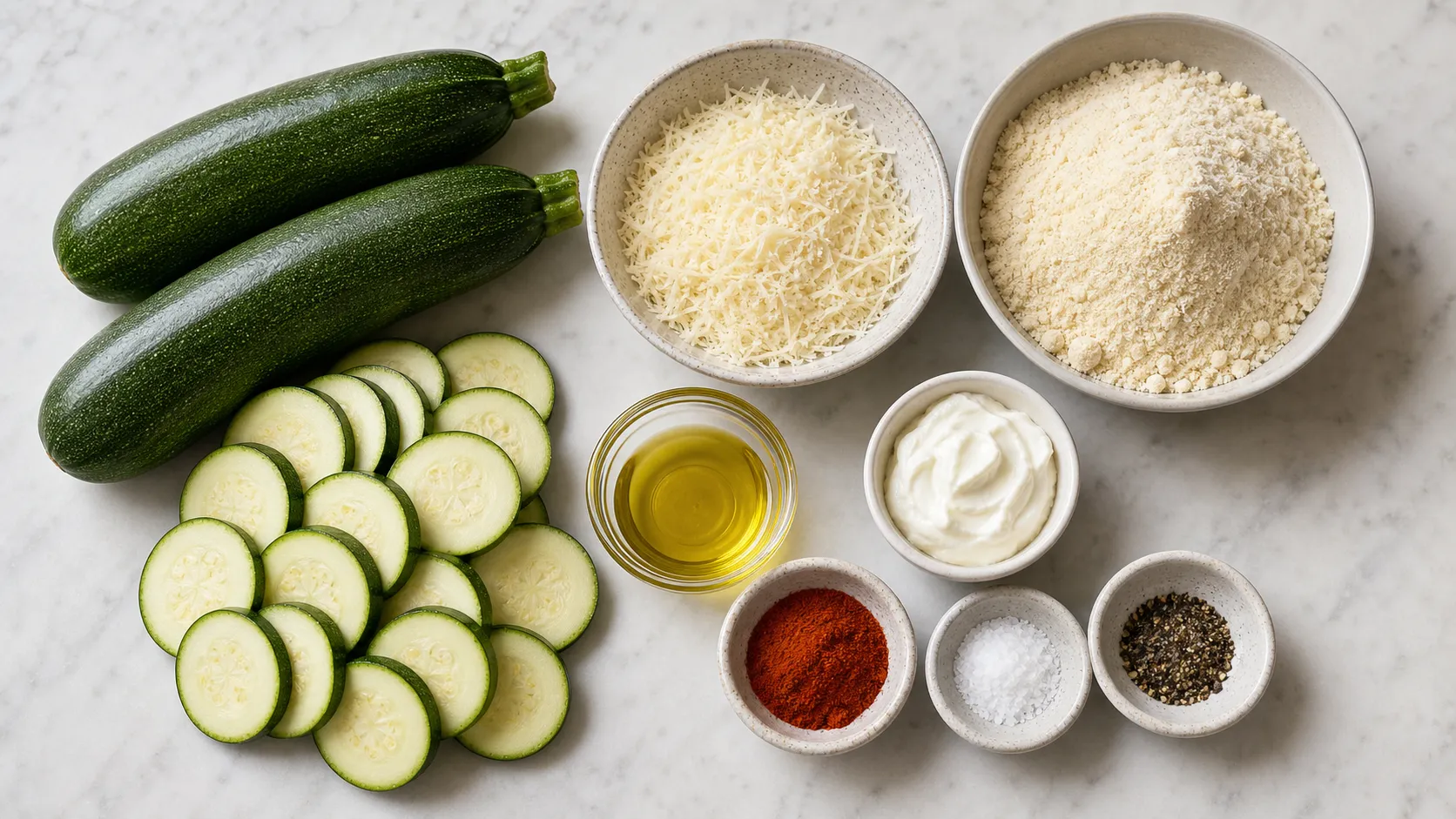 Zutaten für Keto-Zucchini-Chips: Zucchini, geriebener Parmesan, Mandelmehl, Olivenöl und Paprikapulver