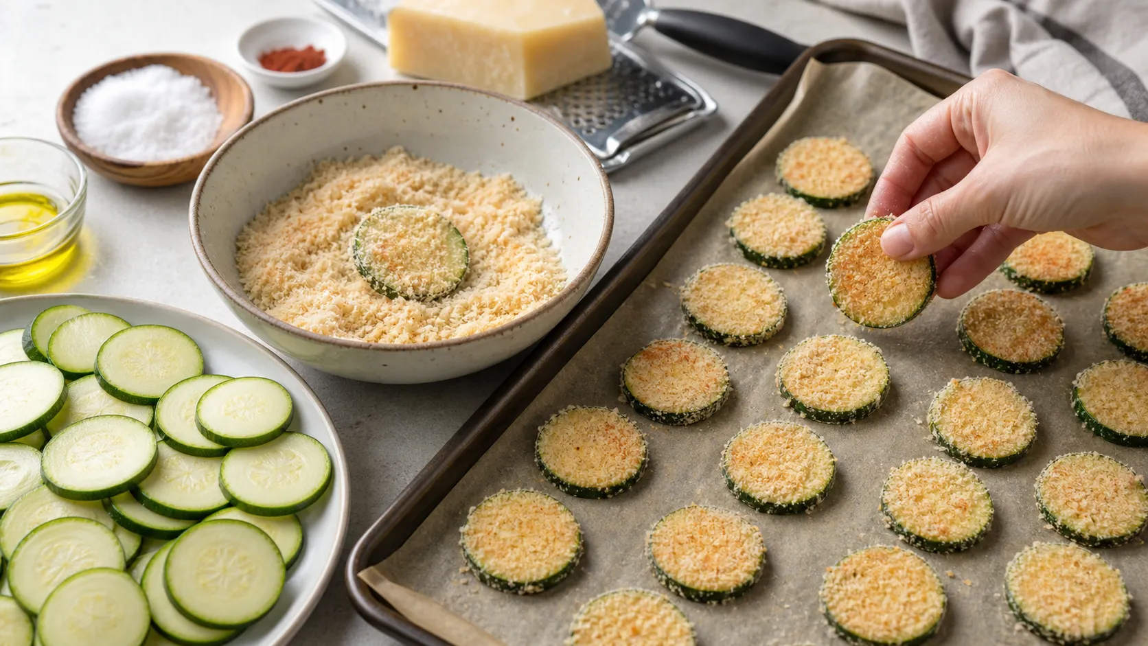 Dünne Zucchinischeiben in Parmesan-Mandelmehl gewendet, auf einem Backblech ausgelegt