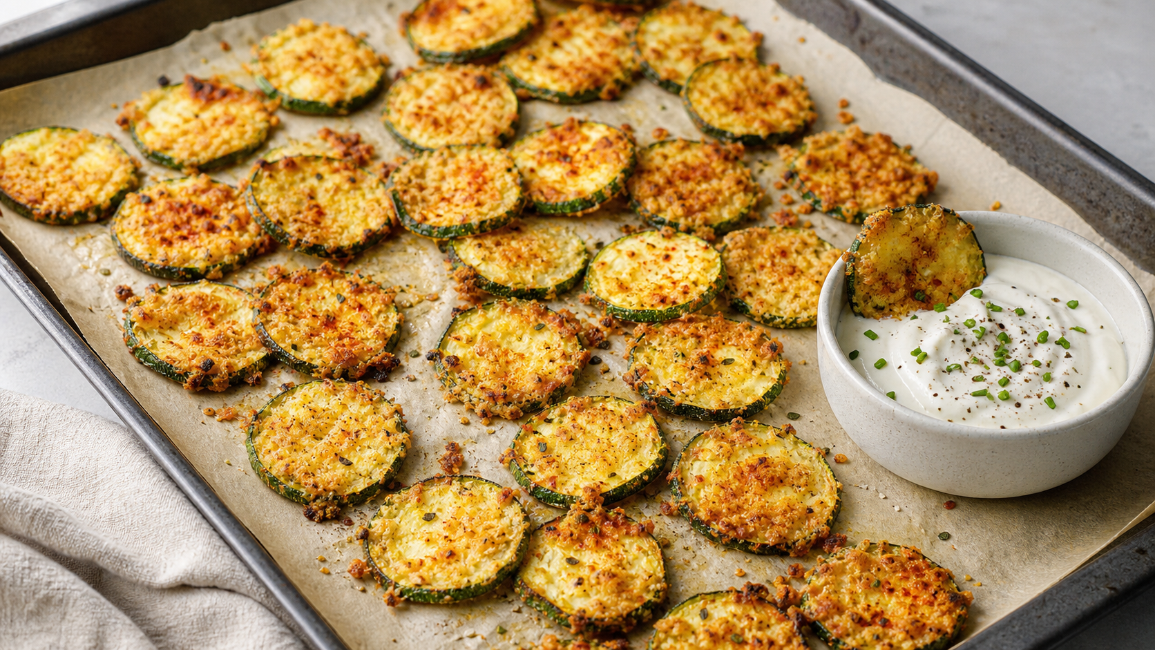 Knusprige Keto-Zucchini-Chips mit Parmesankruste auf einem Backblech, daneben ein Dip