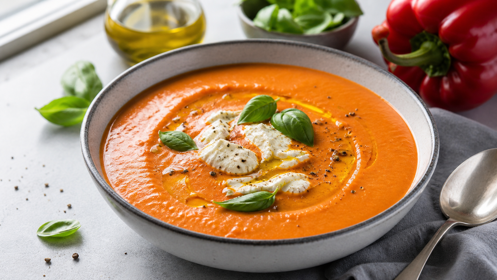 Cremige Keto-Zucchini-Suppe mit Frischkäse, garniert mit gerösteten Kürbiskernen und einem Klecks Sahne in einer Schale