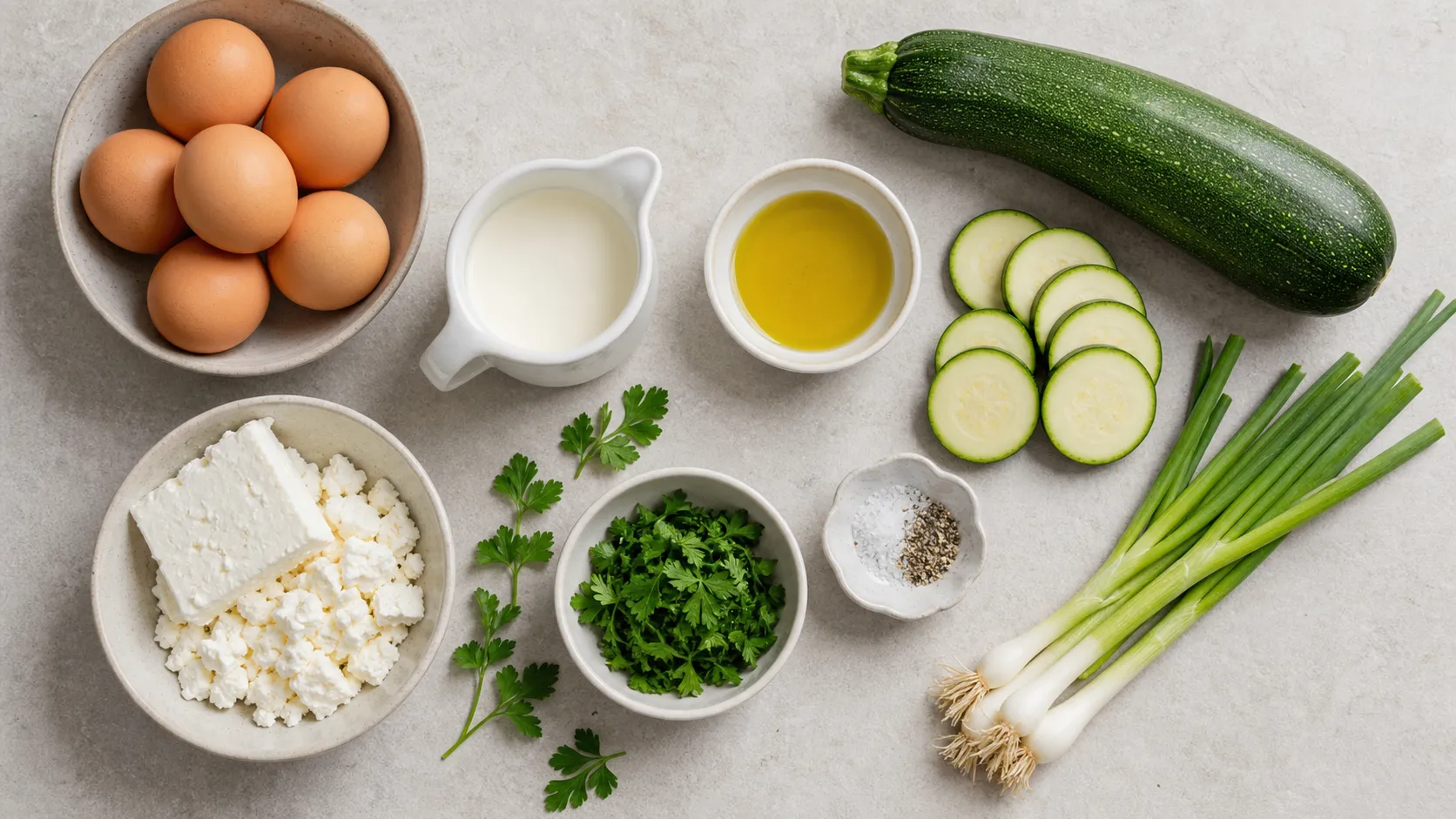 Zutaten für Keto Zucchini-Feta-Frittata mit Eiern, Zucchini, Feta-Käse, Sahne und Frühlingszwiebeln