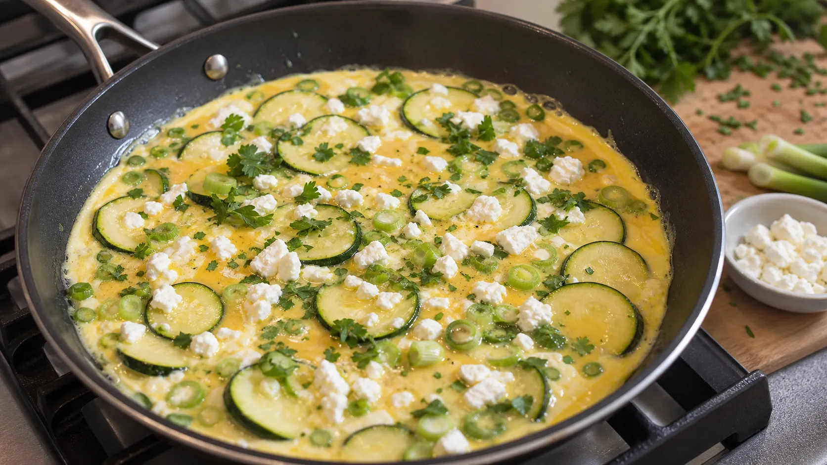 Zucchinischeiben und Eimasse mit Feta-Käse stocken in der Pfanne zu einer Frittata
