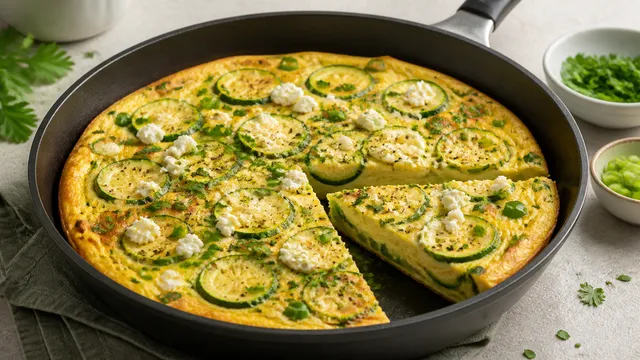 Keto Zucchini-Feta-Frittata mit Zucchinischeiben, Feta-Käse und Kräutern in einer Pfanne