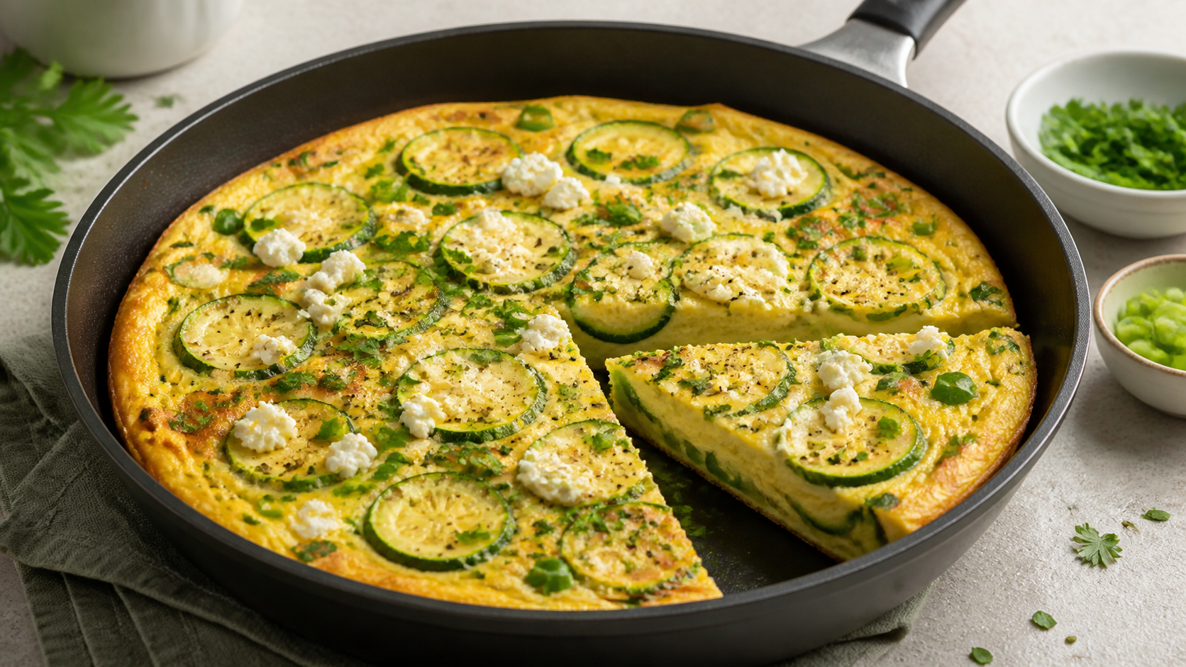 Keto Zucchini-Feta-Frittata mit Zucchinischeiben, Feta-Käse und Kräutern in einer Pfanne