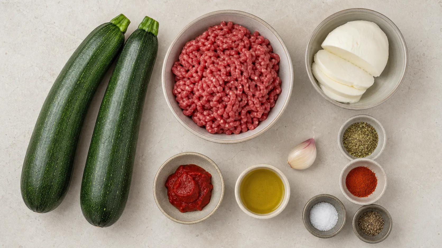 Zutaten für Keto-Zucchini-Hackfleisch-Boote mit Mozzarella überbacken: 2 mittelgroße Zucchini (ca. 400 g), 200 g Rinderhackfleisch, 80 g Mozzarella, 1 EL Tomatenmark (ca. 15 g), 1 EL Olivenöl (ca. 10 g), 1 Knoblauchzehe, 1 TL getrockneter Oregano