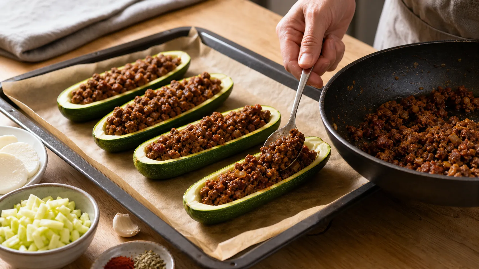 Zubereitung von Keto-Zucchini-Hackfleisch-Boote mit Mozzarella überbacken: Hackfleisch dazugeben, bei starker Hitze krümelig braten, bis es gebräunt ist.