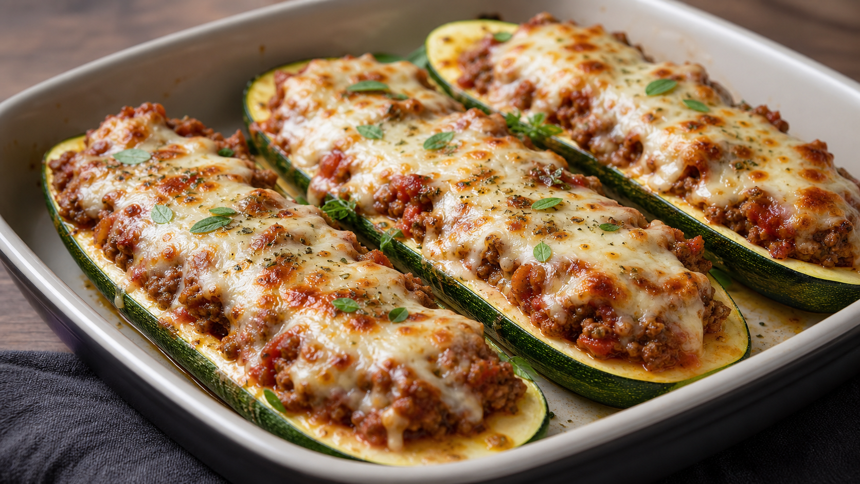Überbackene Keto-Zucchini-Boote mit Hackfleisch und geschmolzenem Mozzarella auf einem Backblech