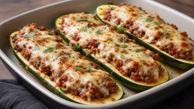 Überbackene Keto-Zucchini-Boote mit Hackfleisch und geschmolzenem Mozzarella auf einem Backblech