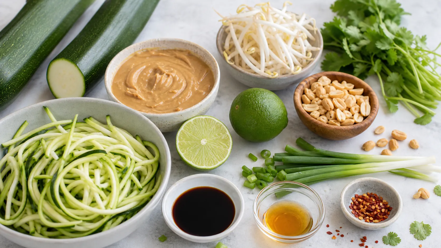 Zutaten für das Keto Zucchini-Pad-Thai: Zucchini, Erdnussmus, Limette, Sojasauce, Sesamöl, Sojasprossen, Frühlingszwiebeln und geröstete Erdnüsse