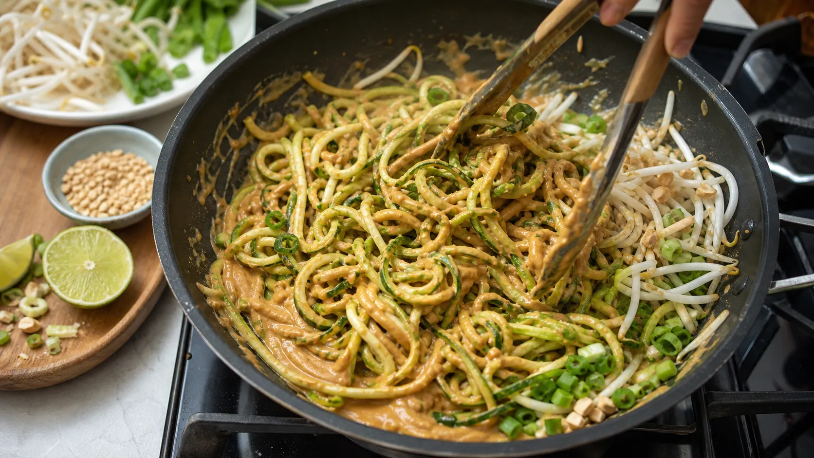 Zucchini-Nudeln werden in einer Pfanne mit Erdnuss-Sauce geschwenkt