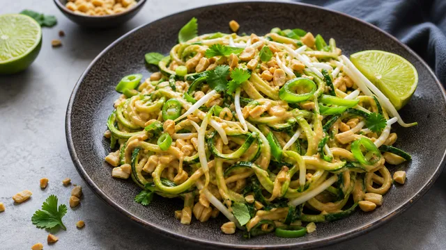 Keto Zucchini-Pad-Thai mit cremiger Erdnuss-Limetten-Sauce, Sojasprossen, Frühlingszwiebeln und gehackten Erdnüssen auf einem dunklen Teller