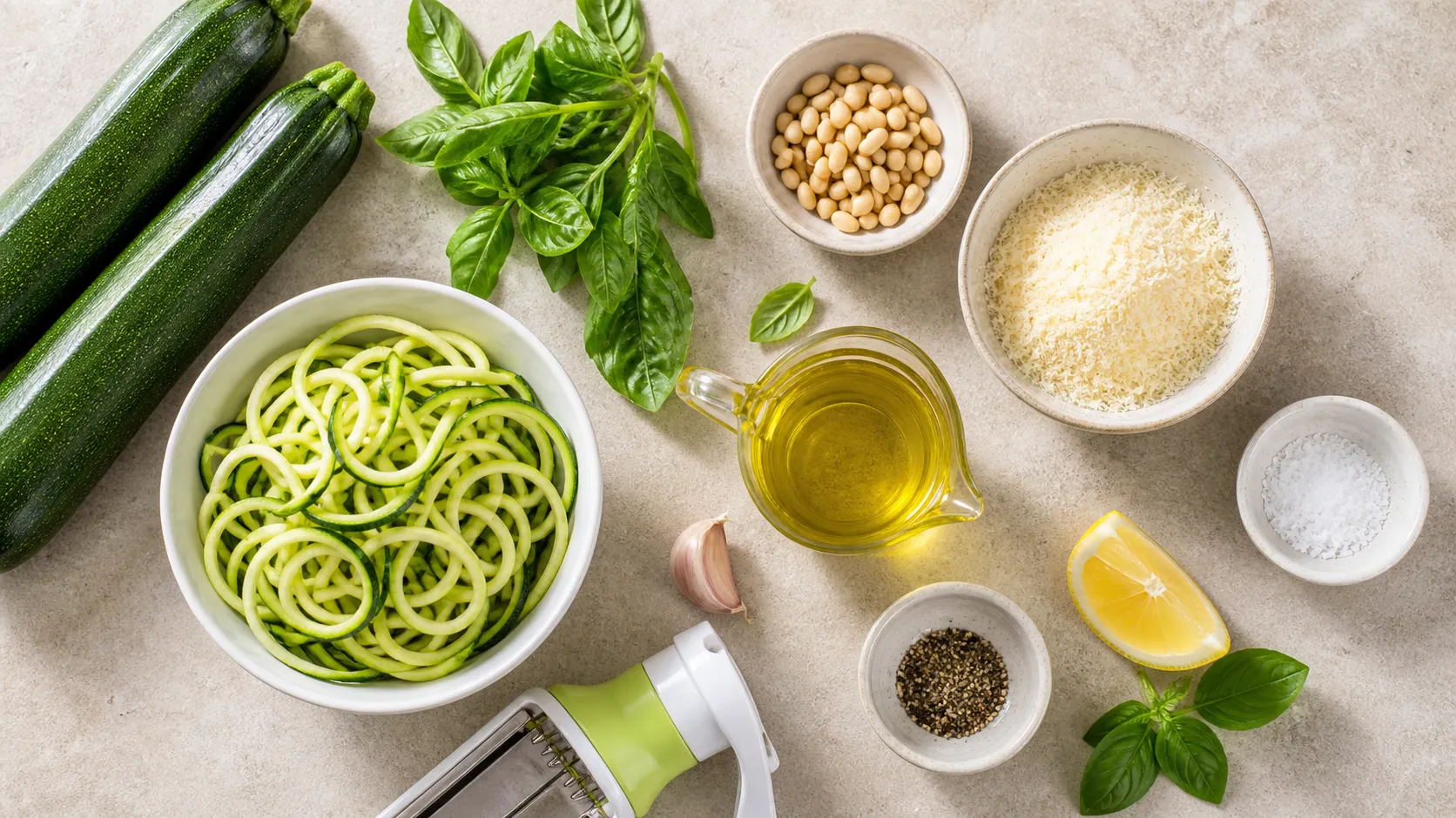 Zutaten für Keto Zucchini-Pesto: Zucchini, frisches Basilikum, Pinienkerne, Parmesan, Knoblauch und Olivenöl