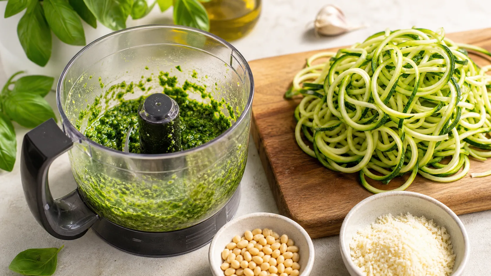 Basilikum-Pesto im Mixer, daneben frisch spiralisierte Zucchini-Nudeln auf einem Schneidebrett