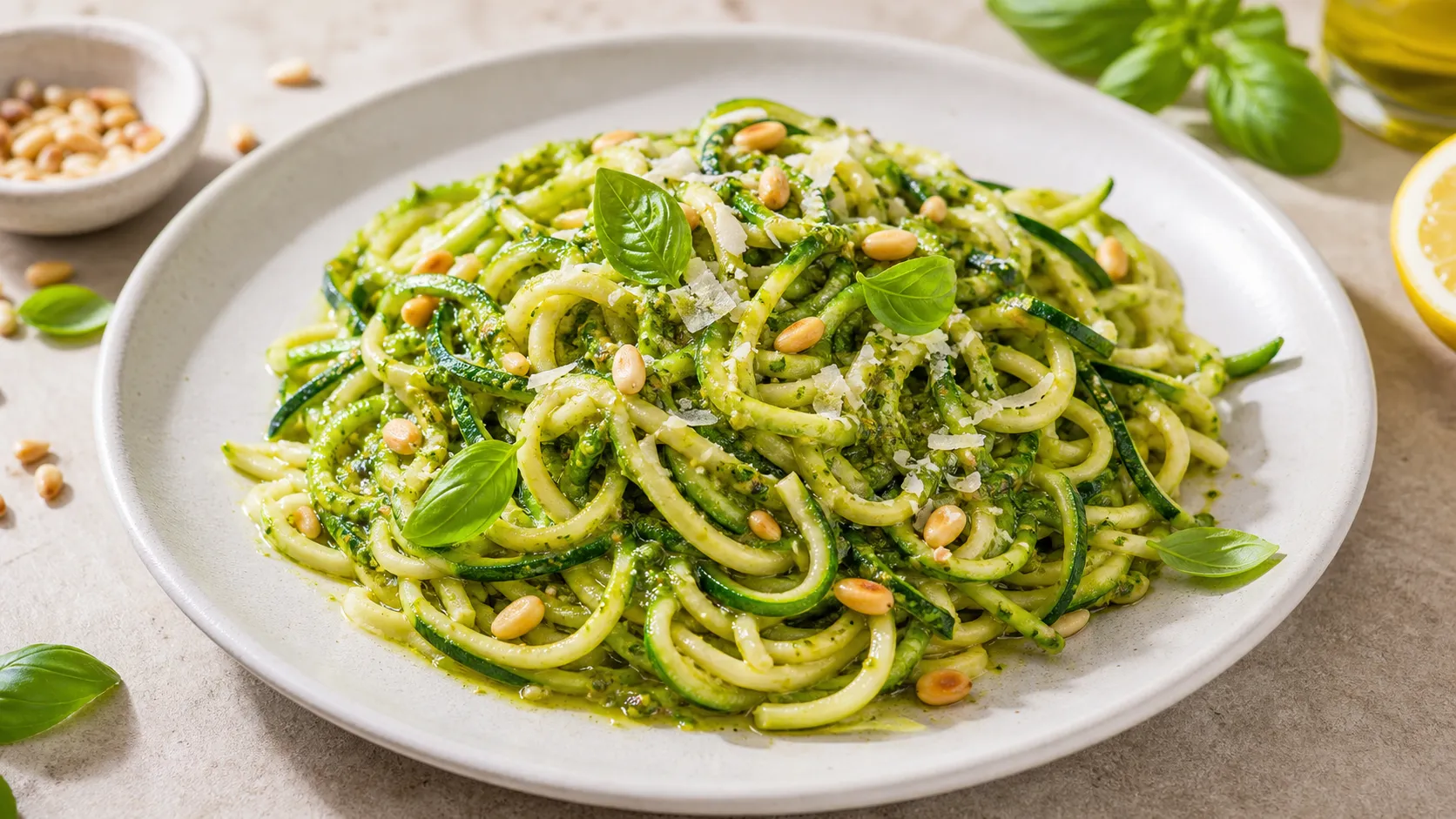 Keto Zucchini-Nudeln mit Pesto Genovese auf einem Teller: spiralisierte Zucchini mit leuchtendem grünen Basilikum-Pesto, Pinienkerne und Parmesan