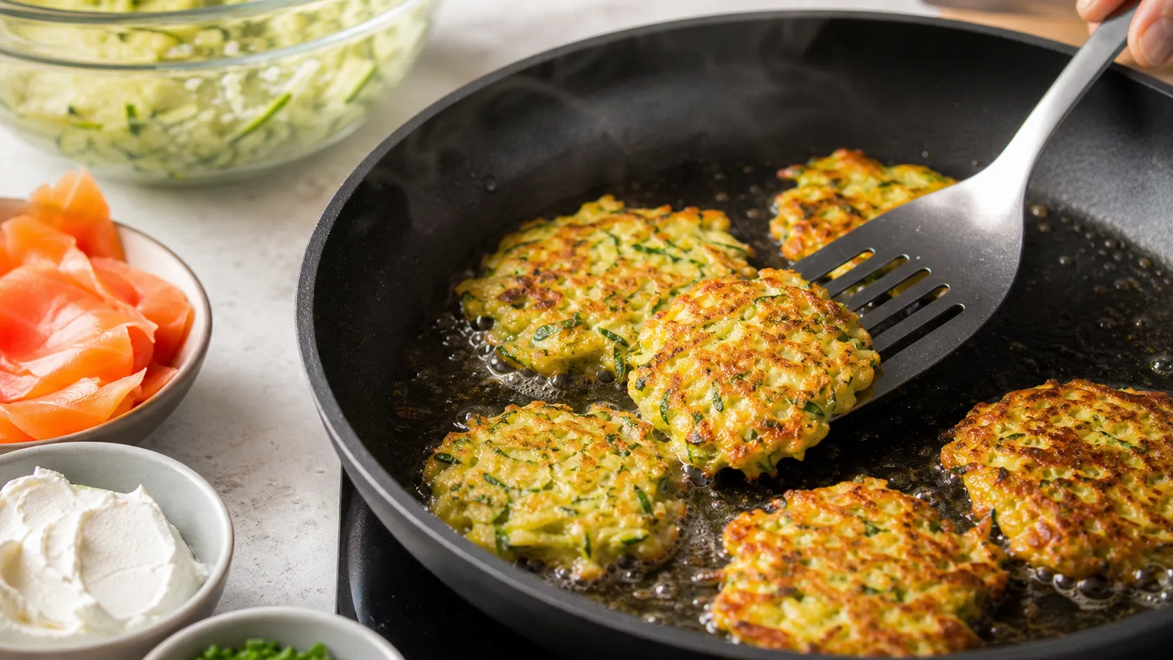 Kleine Zucchini-Puffer braten goldbraun in der Pfanne mit Butter
