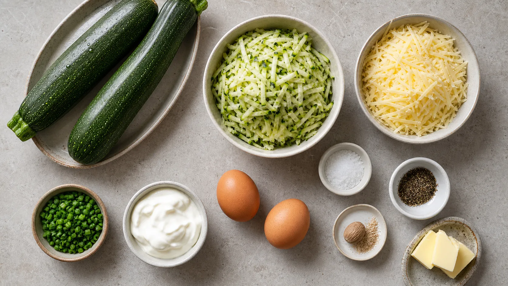 Zutaten für Keto-Zucchini-Rösti: Zucchini, Eier, geriebener Hartkäse, Butter, Schmand, Schnittlauch, Salz und Muskat