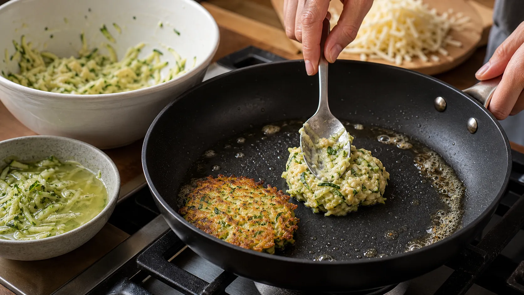 Zucchini-Käse-Masse wird in Butter zu kleinen Keto-Rösti in der Pfanne ausgebacken