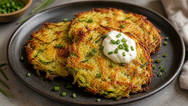 Goldbraune Keto-Zucchini-Rösti mit Käse, Schmand und Schnittlauch knusprig serviert