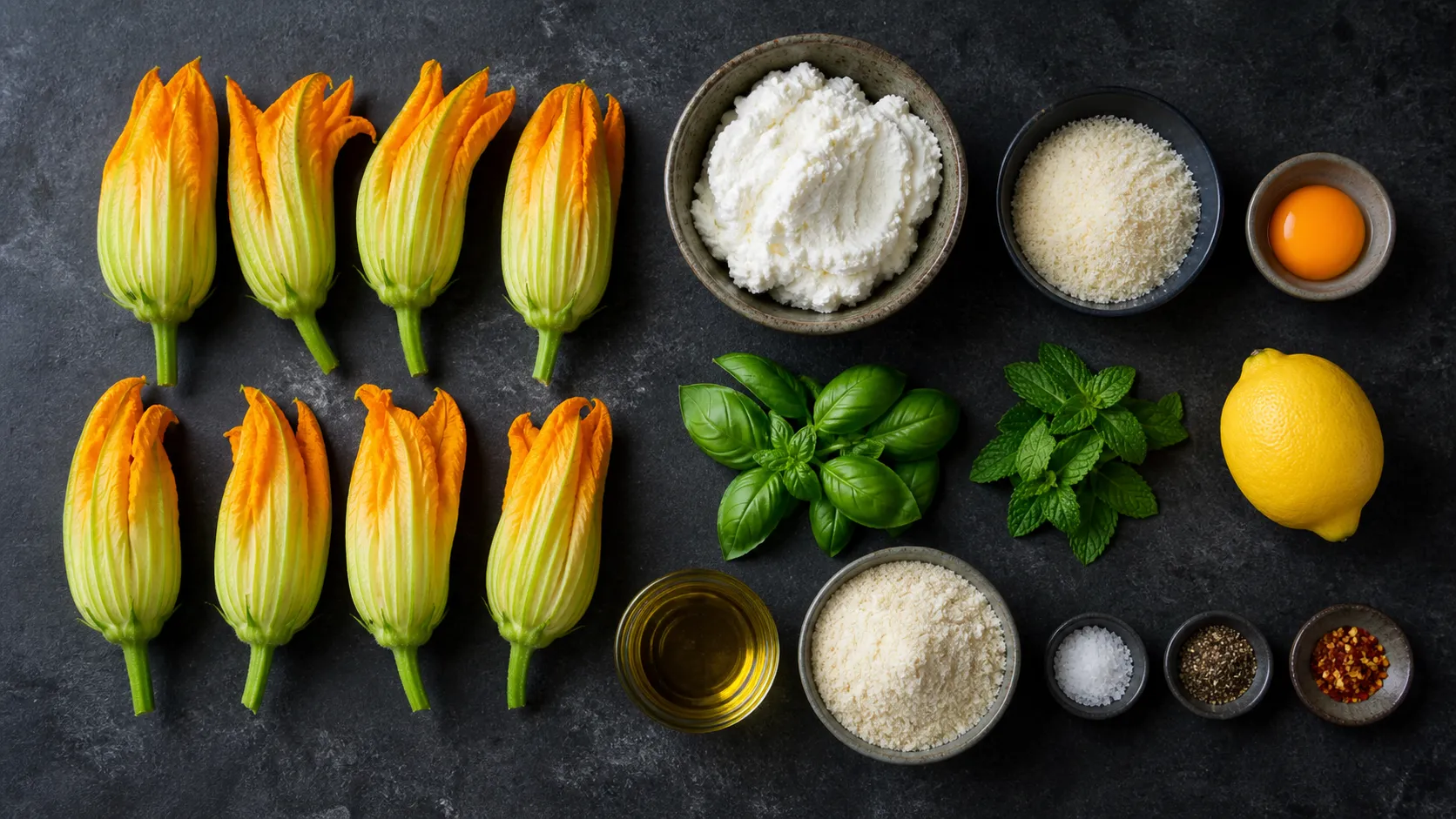 Zutaten für gefüllte Zucchiniblüten: frische gelbe Blüten, Ricotta, geriebener Parmesan, Eigelb, Basilikum, Minze und Zitrone