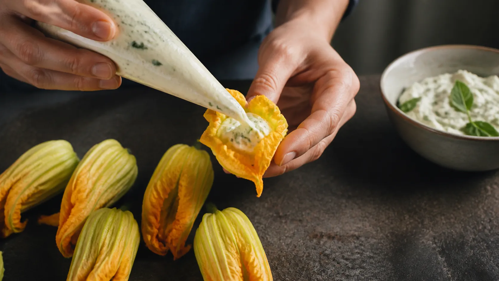 Eine Zucchiniblüte wird mit einem Spritzbeutel vorsichtig mit heller Ricotta-Creme gefüllt