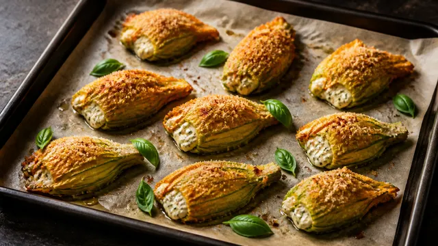 Acht goldbraun gebackene Zucchiniblüten mit Ricotta-Füllung auf einem Blech, bestreut mit Parmesan und Basilikum