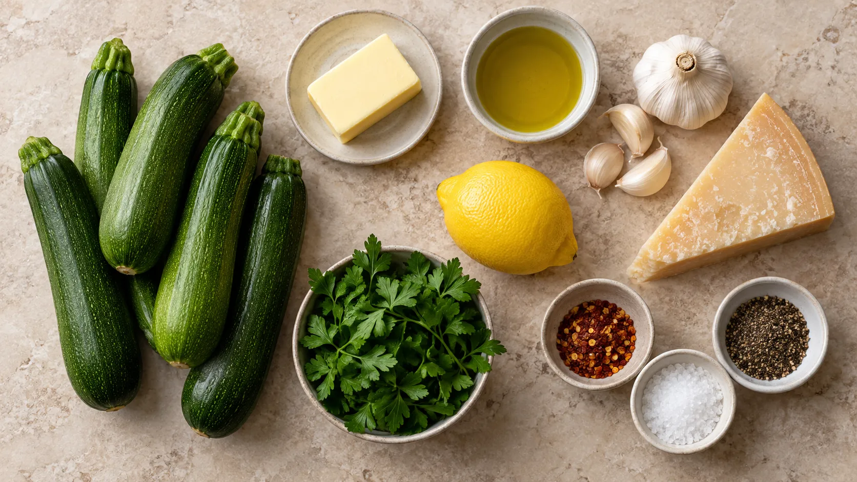 Zutaten für Keto-Zucchininudeln: zwei Zucchini, Butter, Olivenöl, zwei Knoblauchzehen, ein Stück Parmesan, Zitrone, Chiliflocken und Petersilie