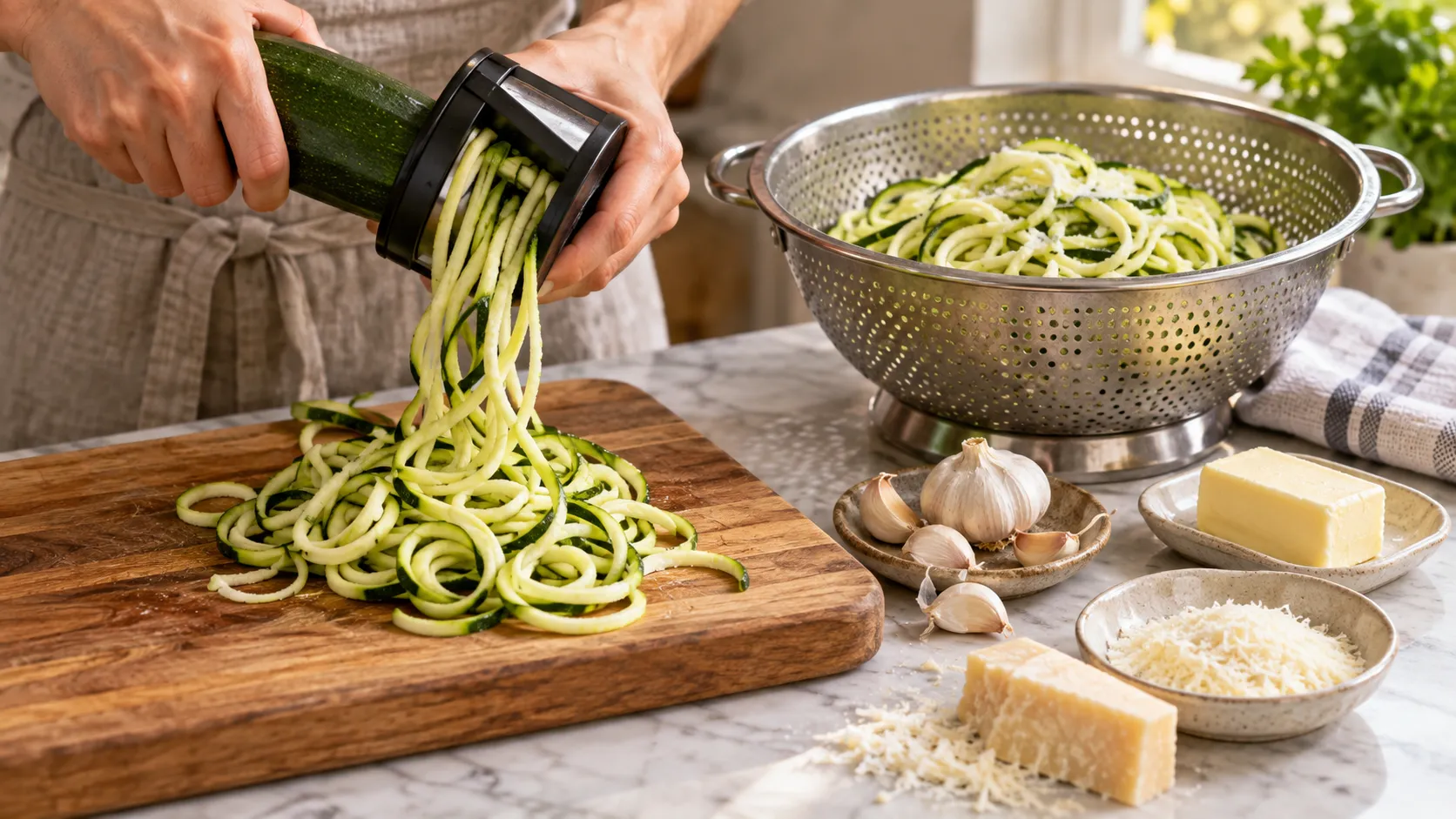 Zucchinispiralen liegen gesalzen in einem Sieb und werden anschließend in einer heißen Pfanne mit Knoblauchbutter geschwenkt