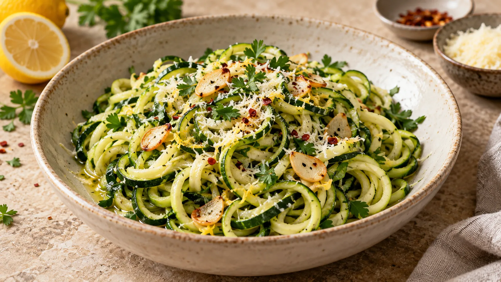 Bissfeste grüne Keto-Zucchininudeln mit gehobeltem Parmesan und gehackter Petersilie auf einem flachen Teller