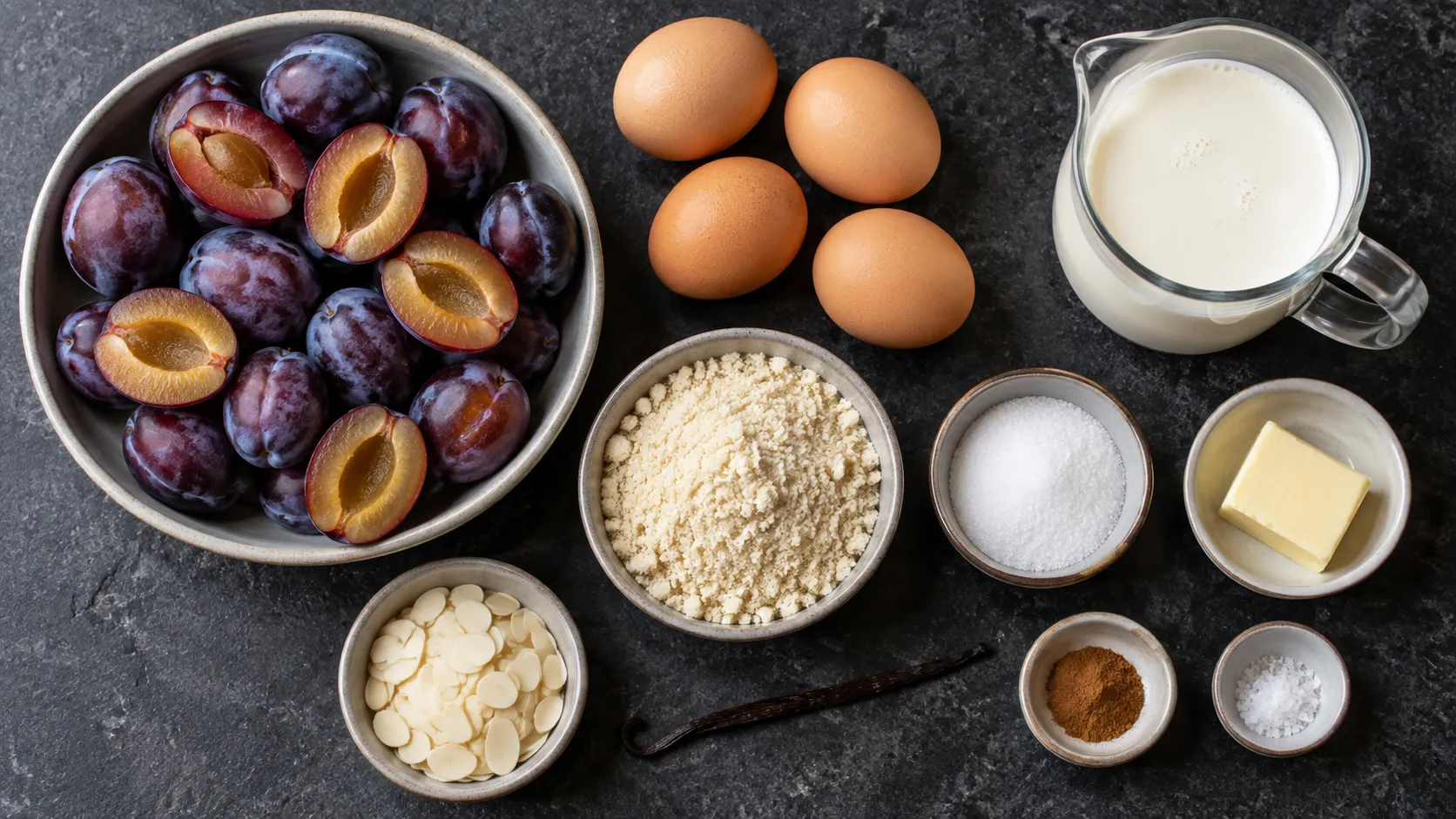 Zutaten für Zwetschgen-Clafoutis: frische Zwetschgen, Eier, Sahne, gemahlene Mandeln, Erythrit und eine Vanilleschote