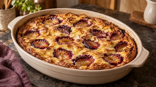 Goldbrauner Zwetschgen-Clafoutis in einer Auflaufform mit halbierten Zwetschgen und gerösteten Mandelblättchen