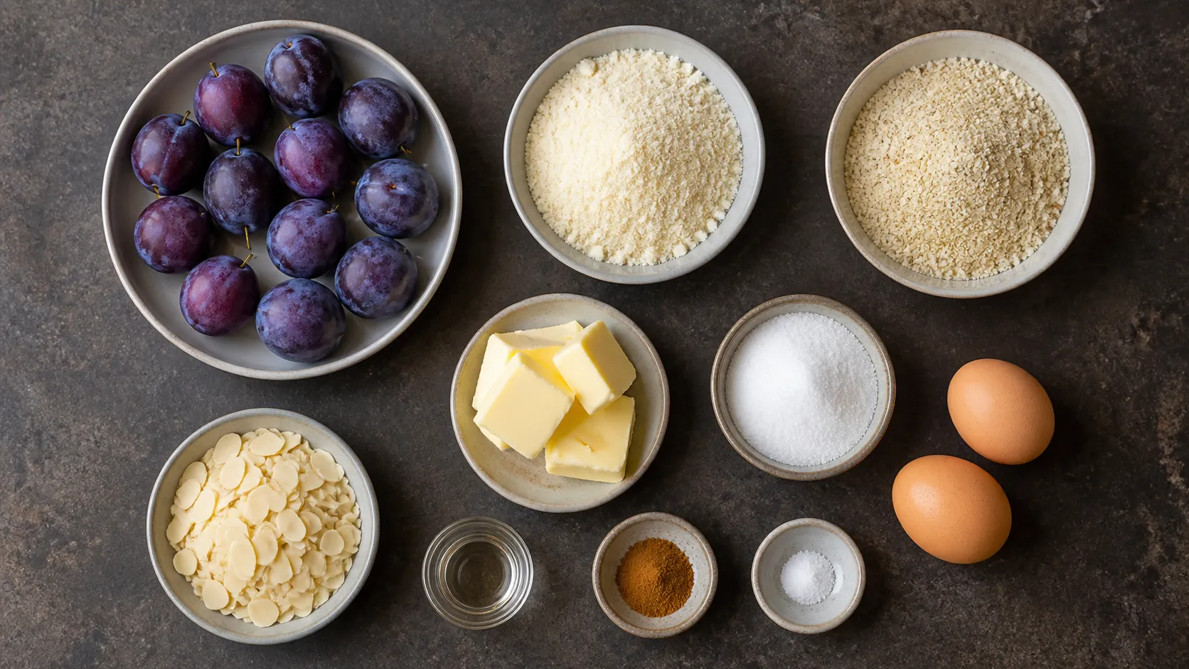 Zutaten für die Keto-Zwetschgentarte: reife Zwetschgen, Mandelmehl, gemahlene Mandeln, Butter, Eier, Erythrit und Zimt