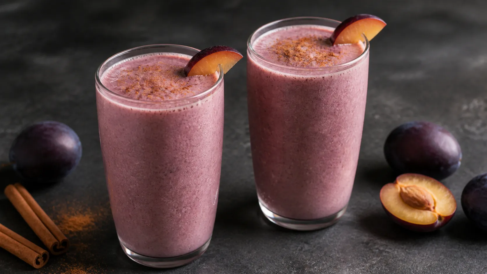 Zwei hohe Gläser mit cremig-violettem Zwetschgen-Shake, bestäubt mit Zimt und mit Zwetschgenspalten am Glasrand