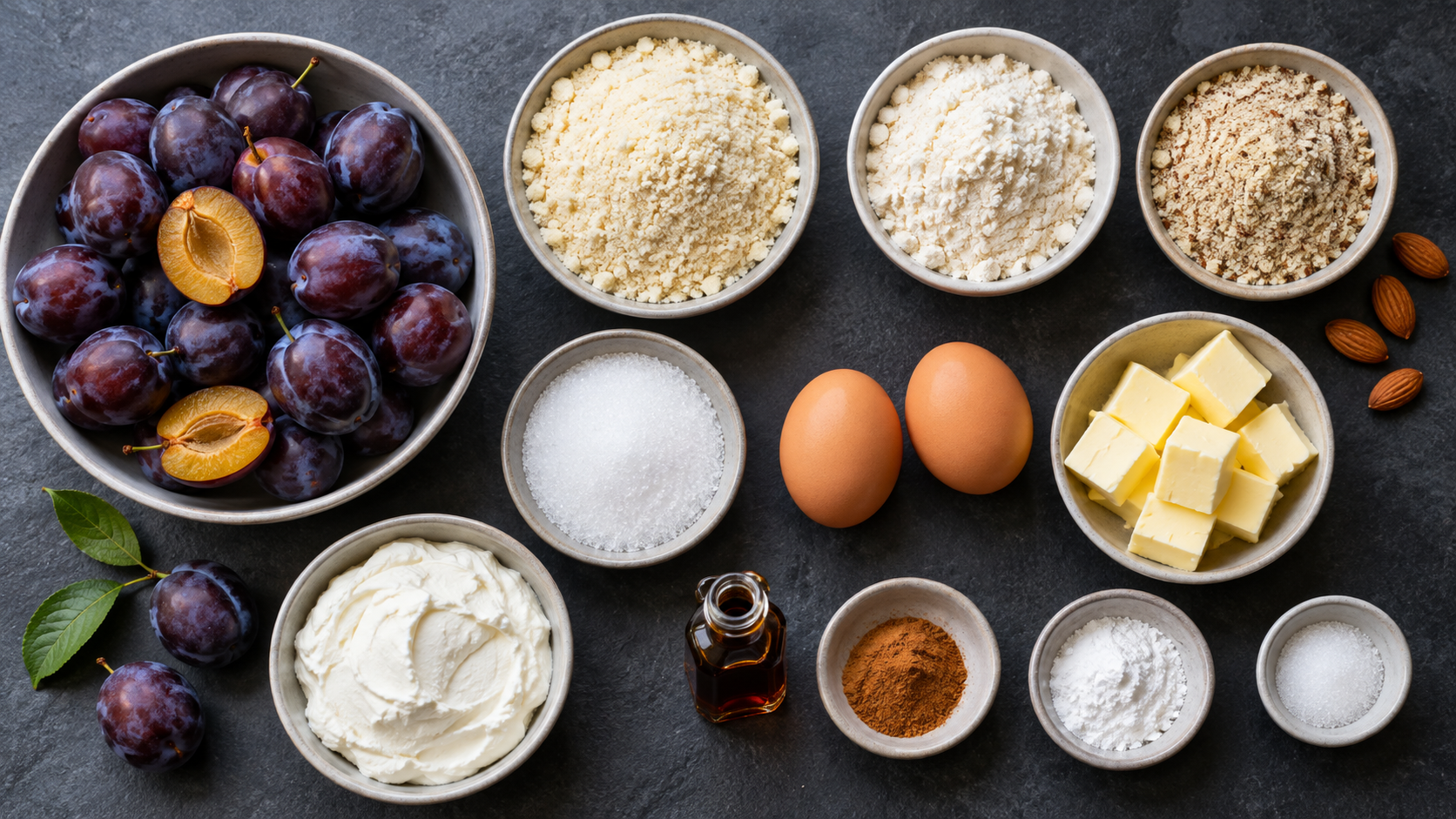 Zutaten für Keto-Zwetschgendatschi: frische Zwetschgen, Mandelmehl, Kokosmehl, Butter, Eier, Quark und Erythrit